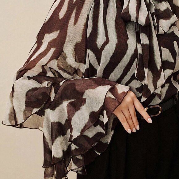 Women's Elegant Raglan Flare Sleeve Round Neck Semi-Sheer zebra print blouse - Picture 5 of 8